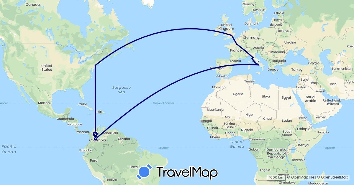 TravelMap itinerary: driving in Colombia, Spain, France, United Kingdom, Italy, United States (Europe, North America, South America)